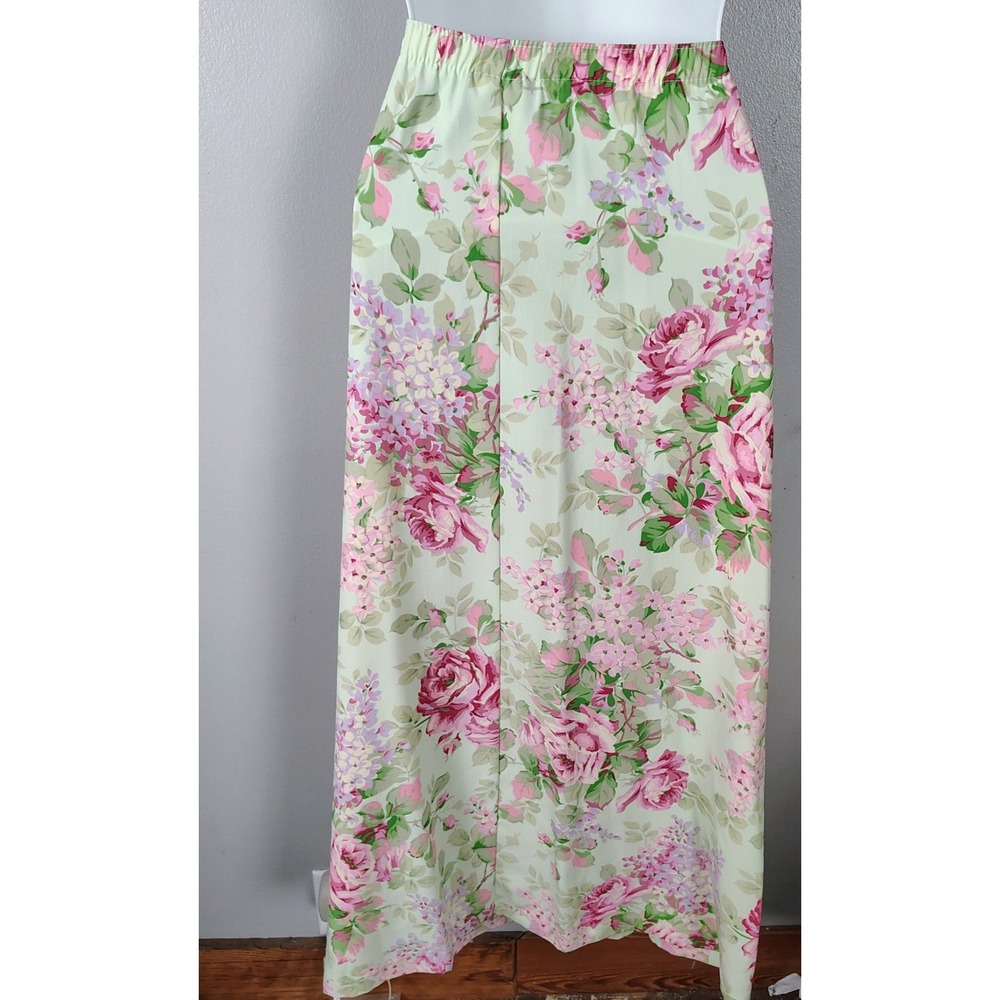 Vintage Floral Maxi Skirt Pink Roses Mint Green Elastic Waist Long Skirt - Picture 4 of 5